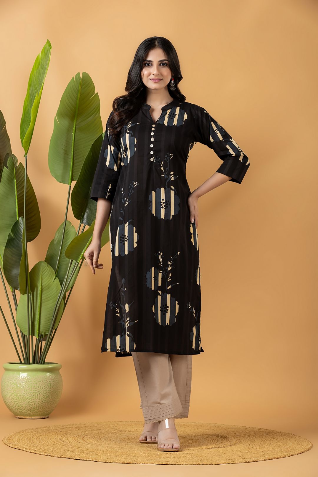 Black Floral Print Kurta