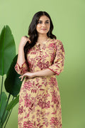 Beige & Pink Floral Print Threadwork Kurta