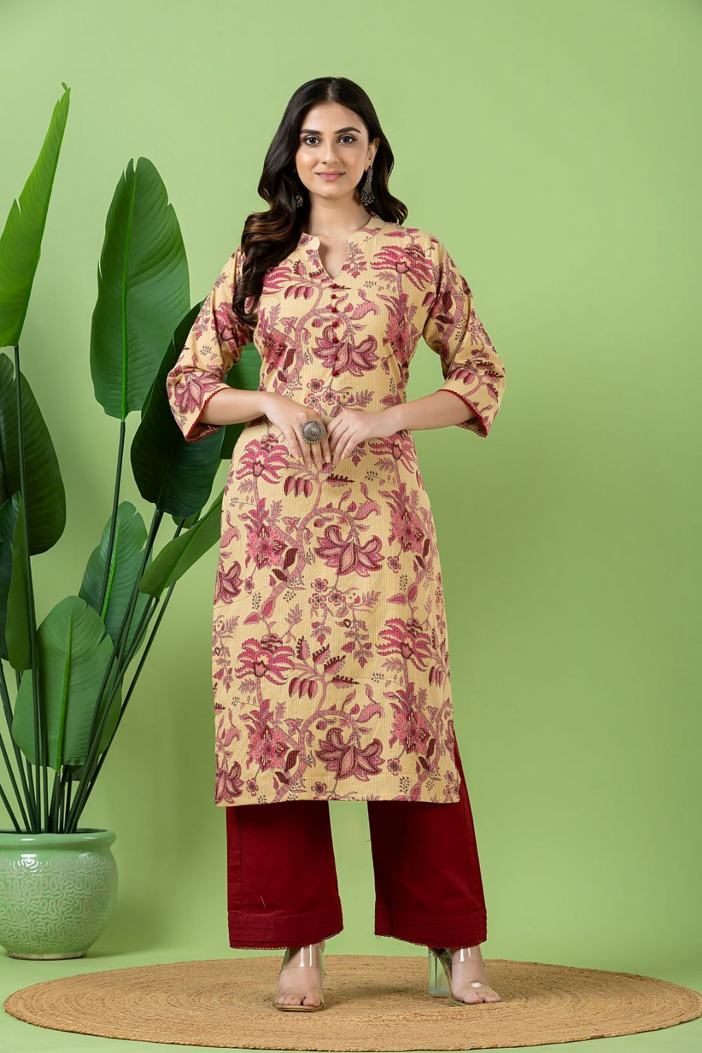 Beige & Pink Floral Print Threadwork Kurta