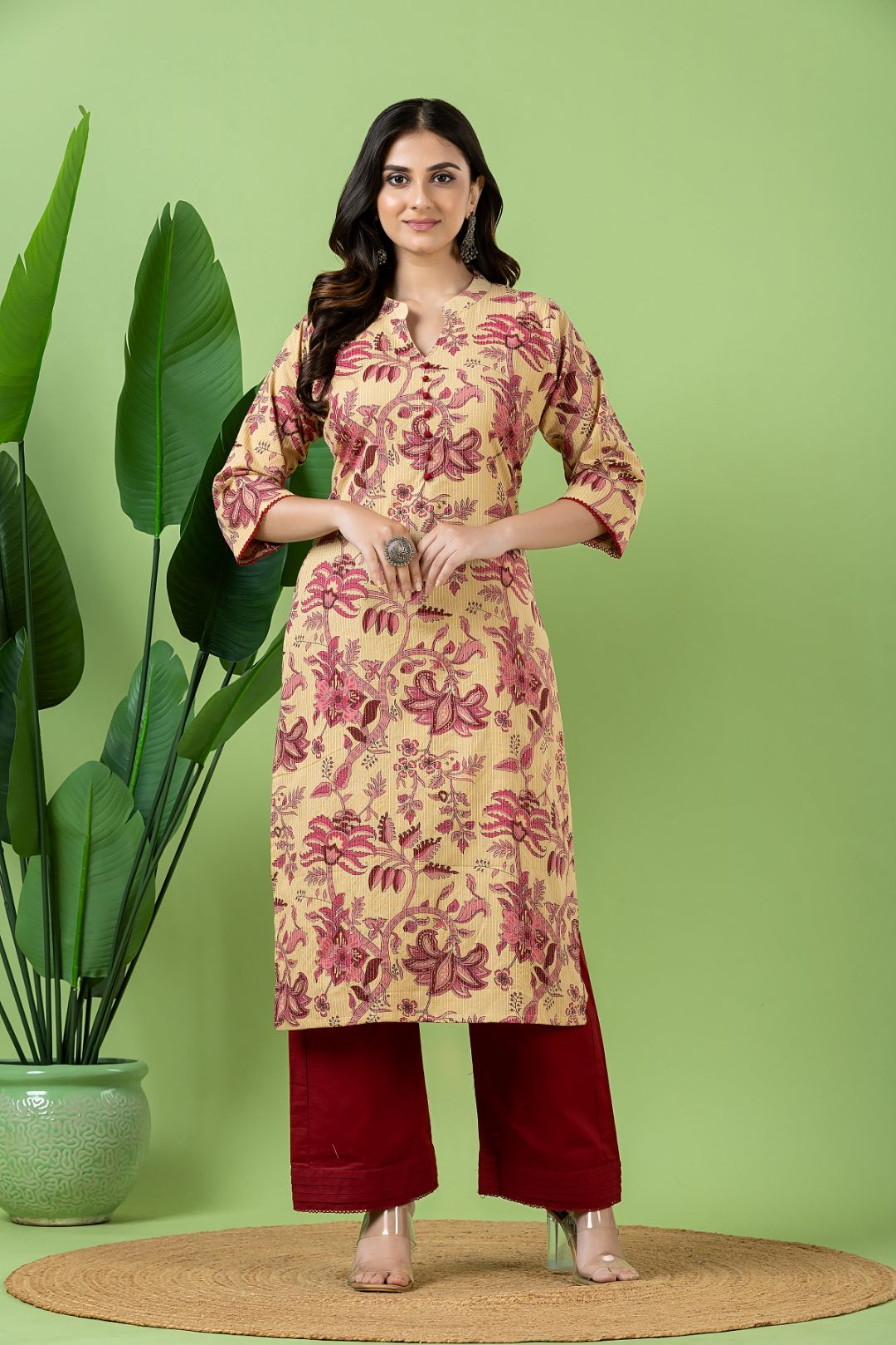 Beige & Pink Floral Print Threadwork Kurta