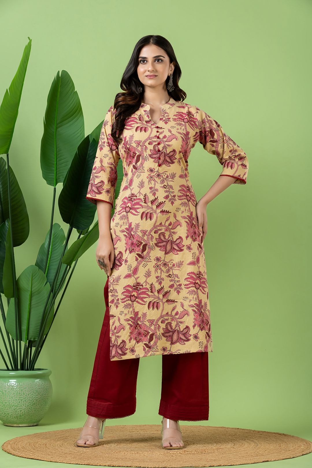 Beige & Pink Floral Print Threadwork Kurta