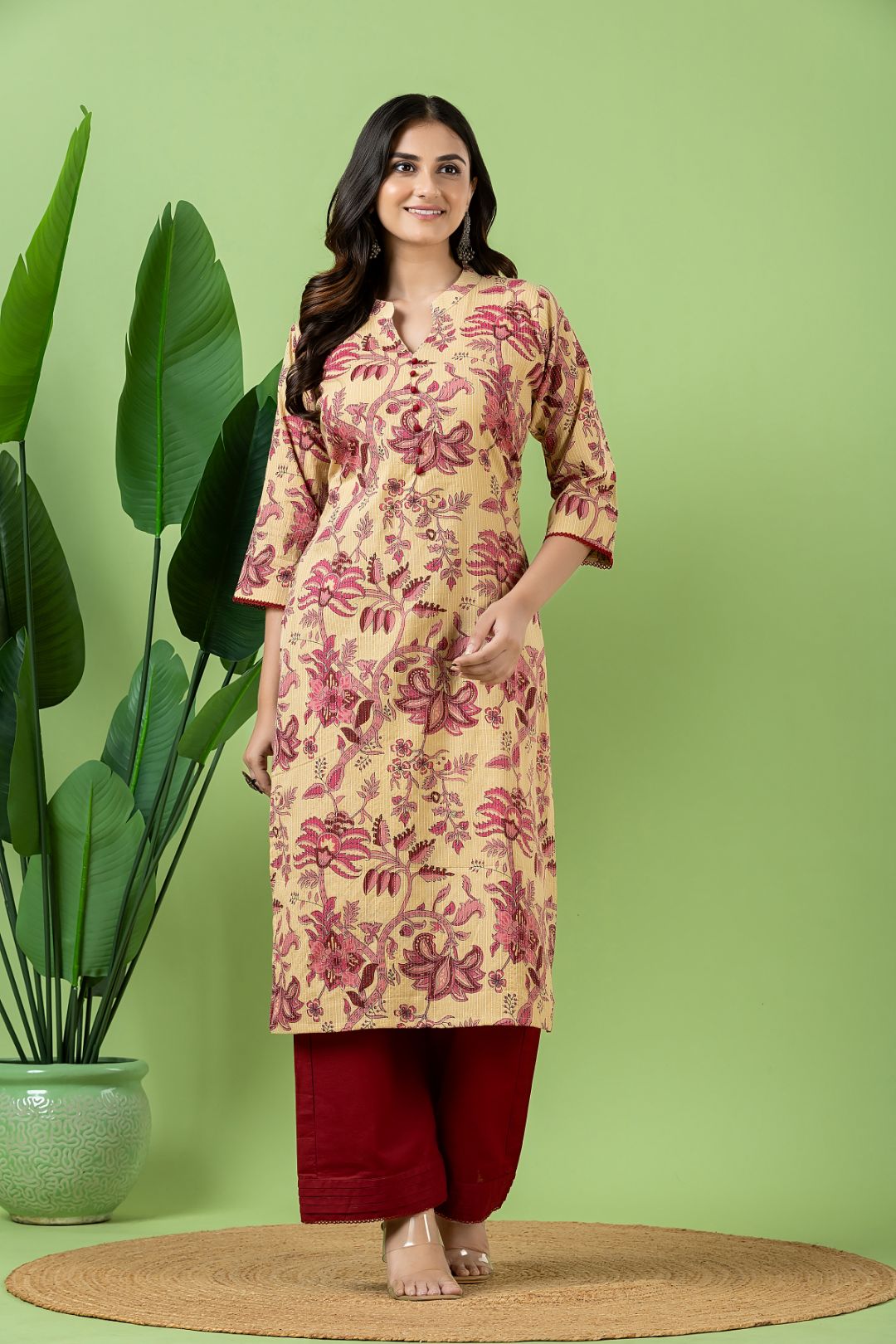 Beige & Pink Floral Print Threadwork Kurta