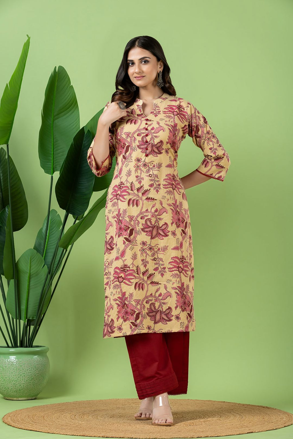 Beige & Pink Floral Print Threadwork Kurta