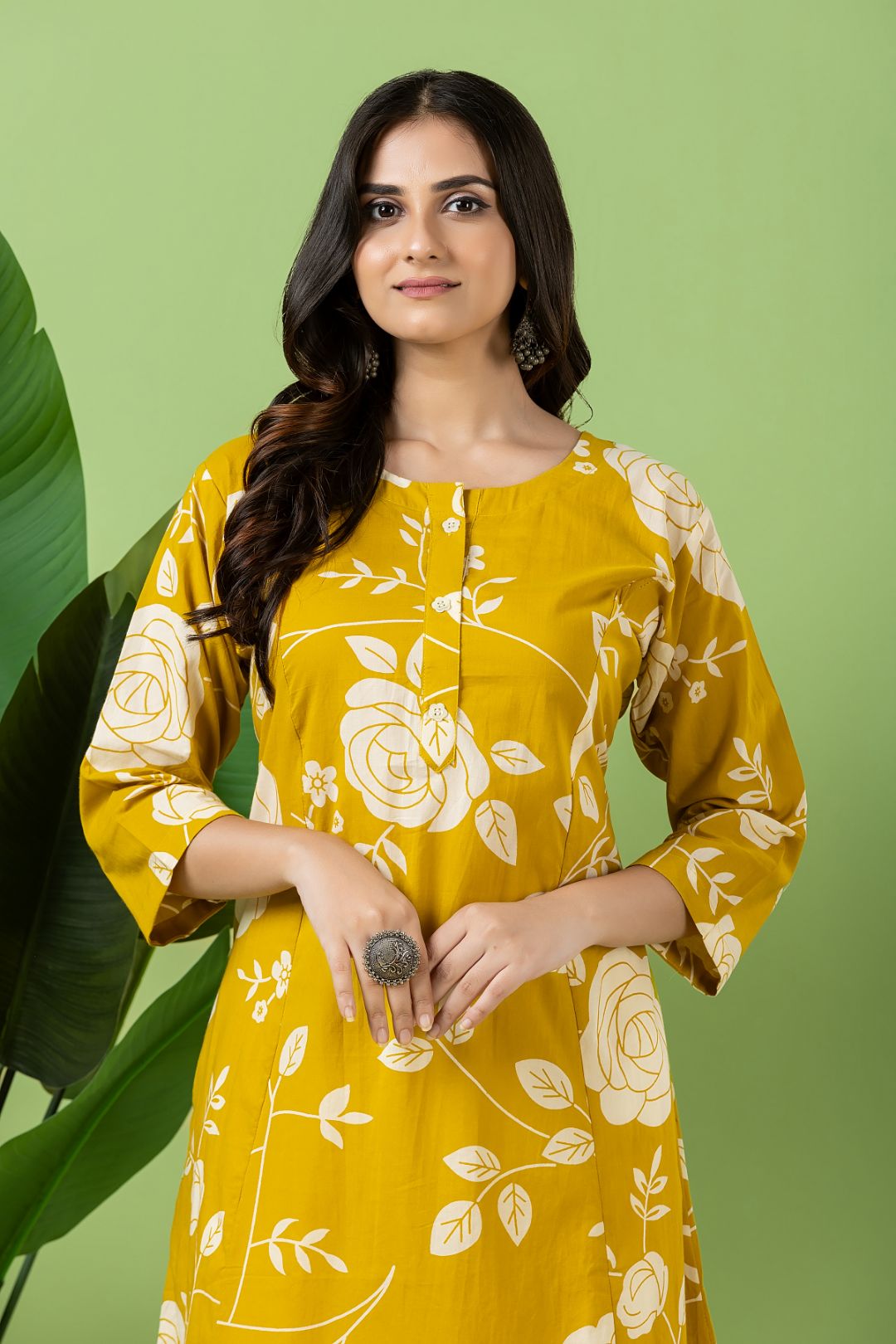Yellow Rose Print A-Line Kurta