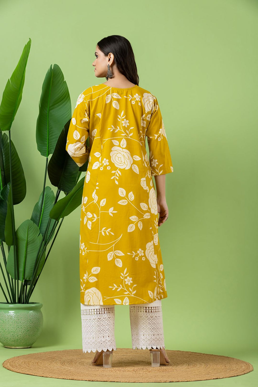 Yellow Rose Print A-Line Kurta