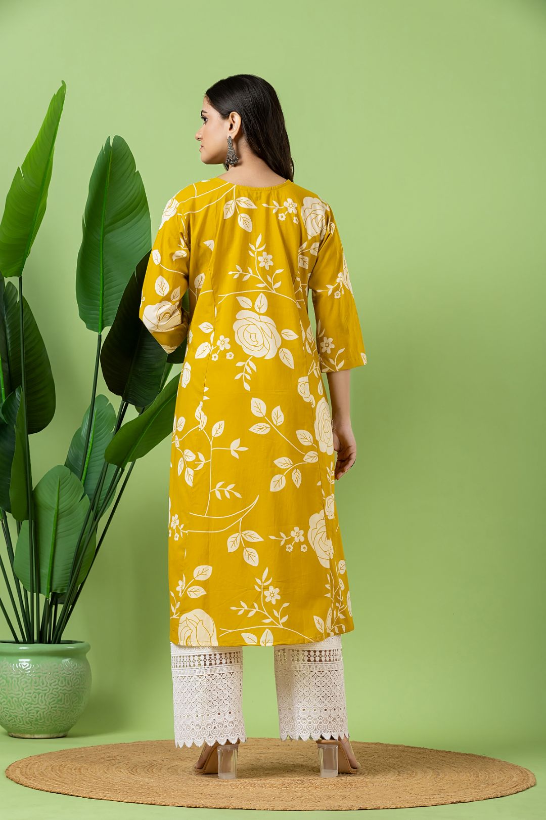 Yellow Rose Print A-Line Kurta
