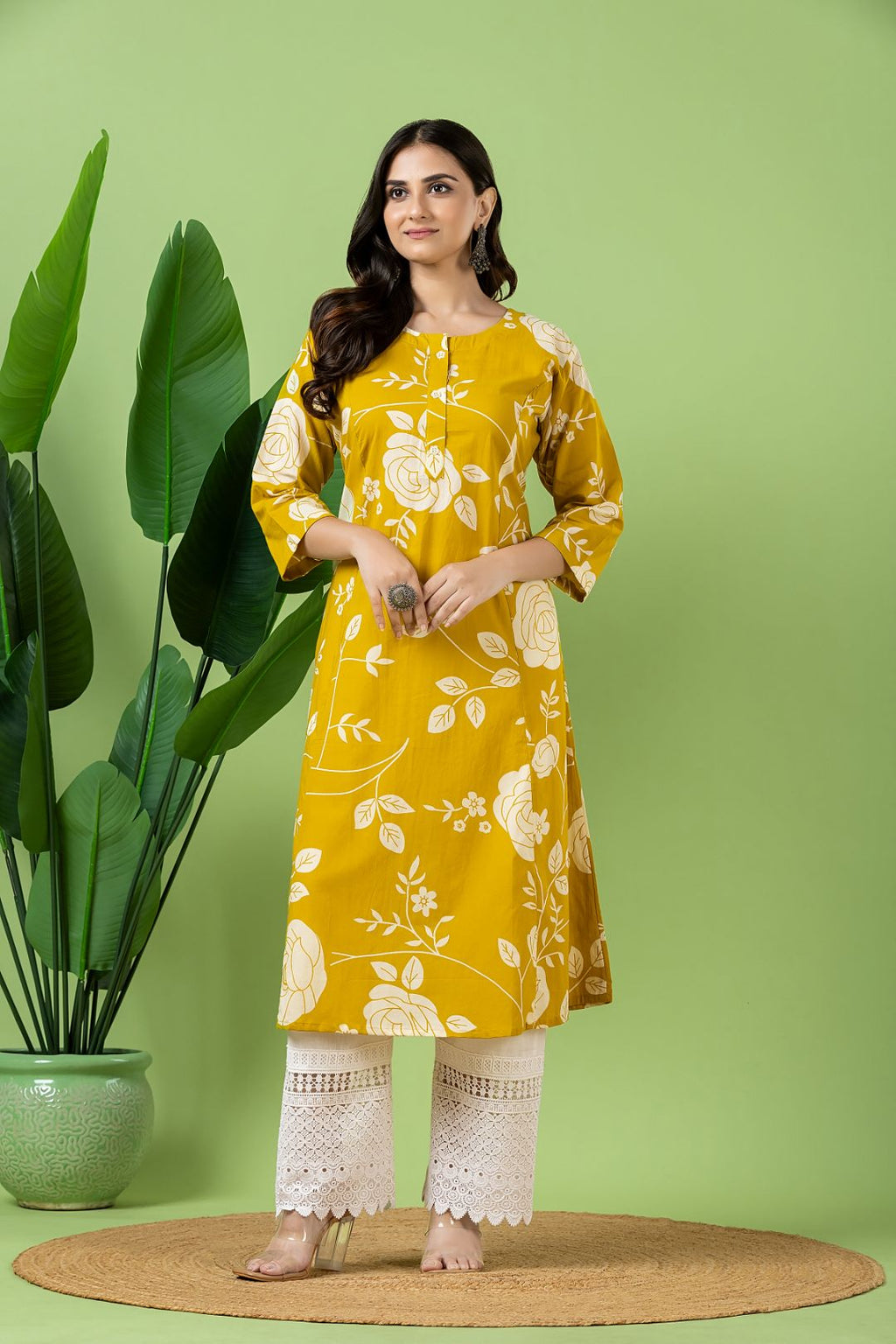 Yellow Rose Print A-Line Kurta