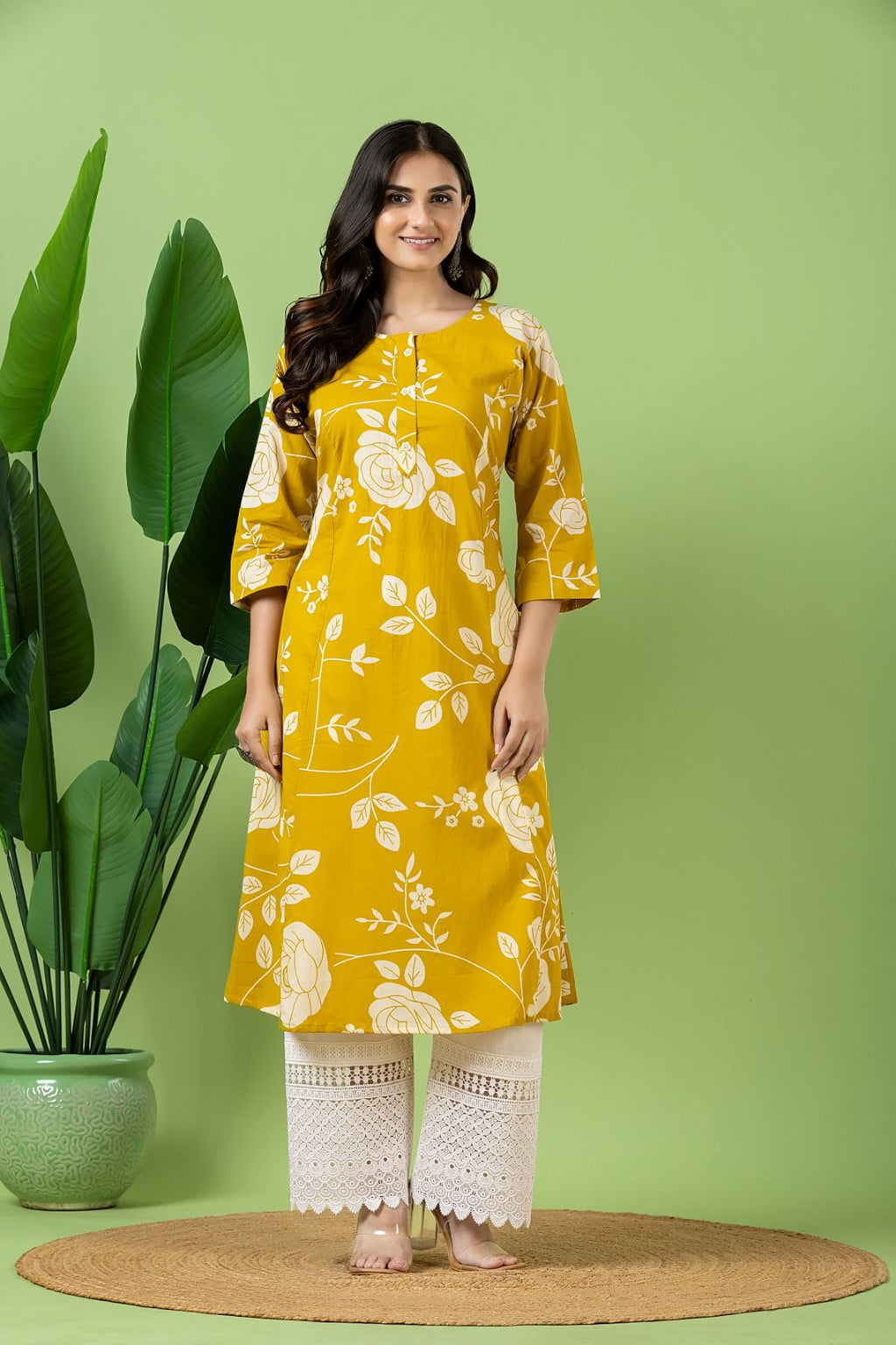 Yellow Rose Print A-Line Kurta