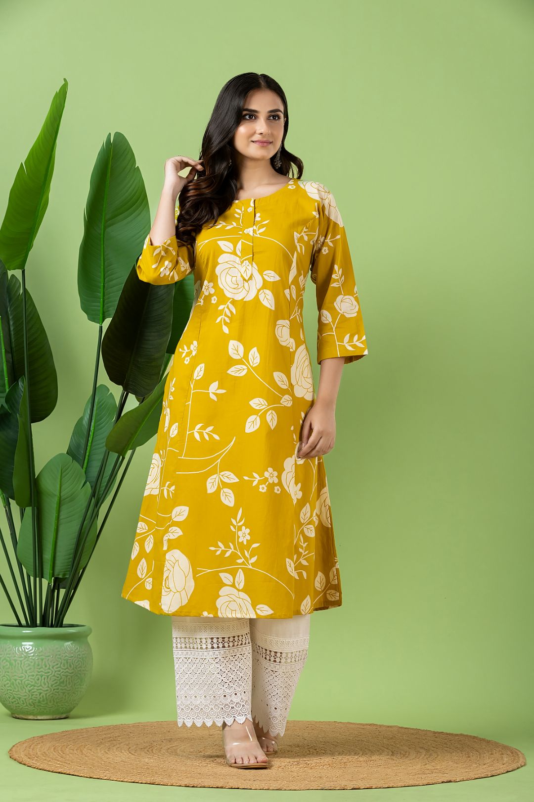 Yellow Rose Print A-Line Kurta