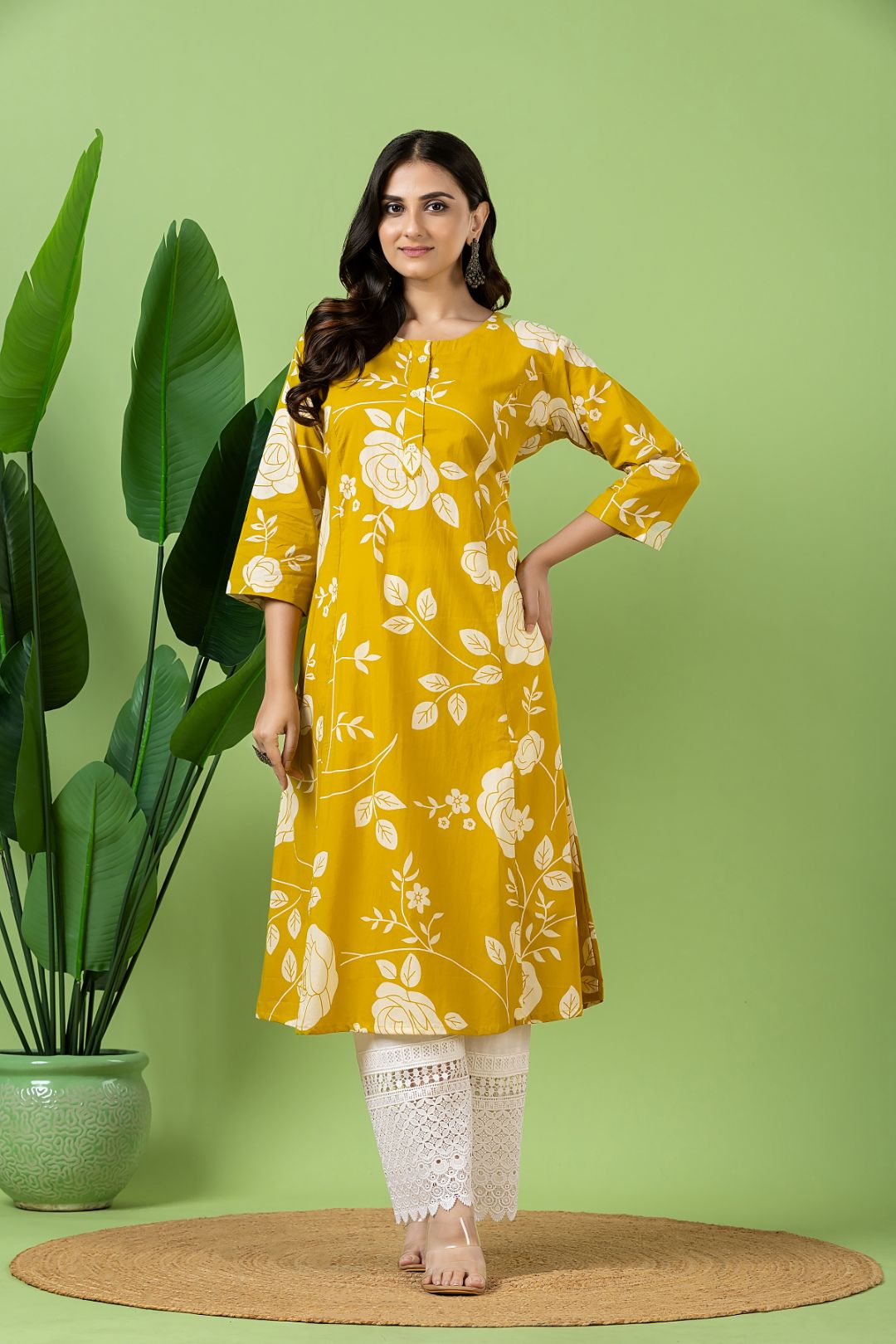 Yellow Rose Print A-Line Kurta
