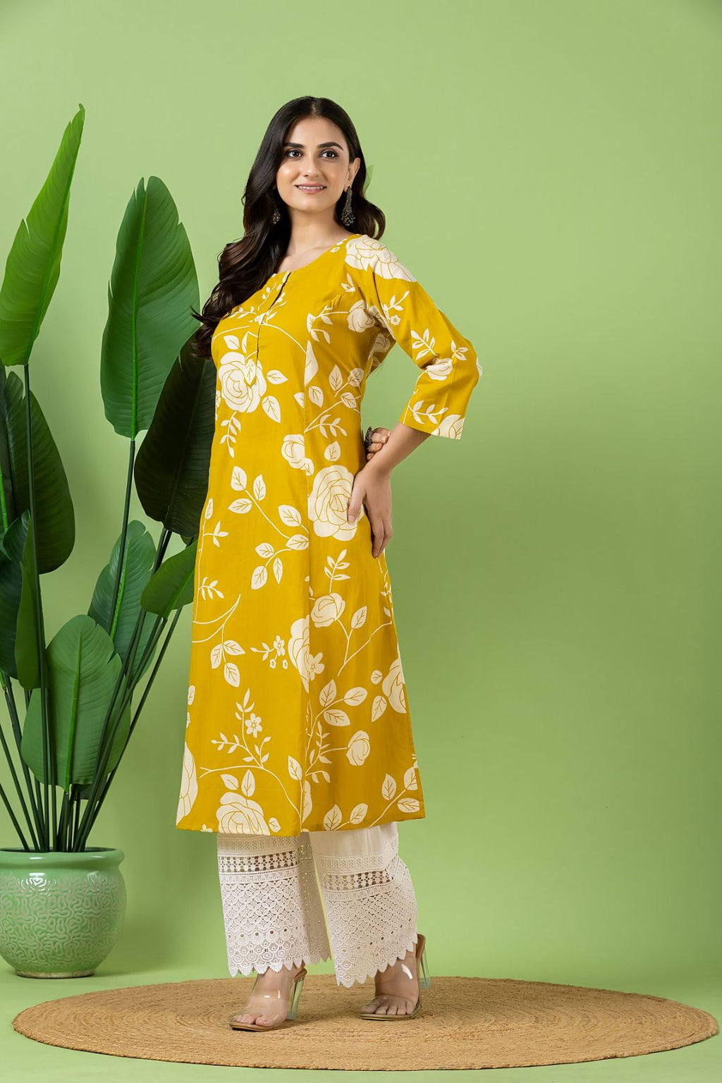 Yellow Rose Print A-Line Kurta