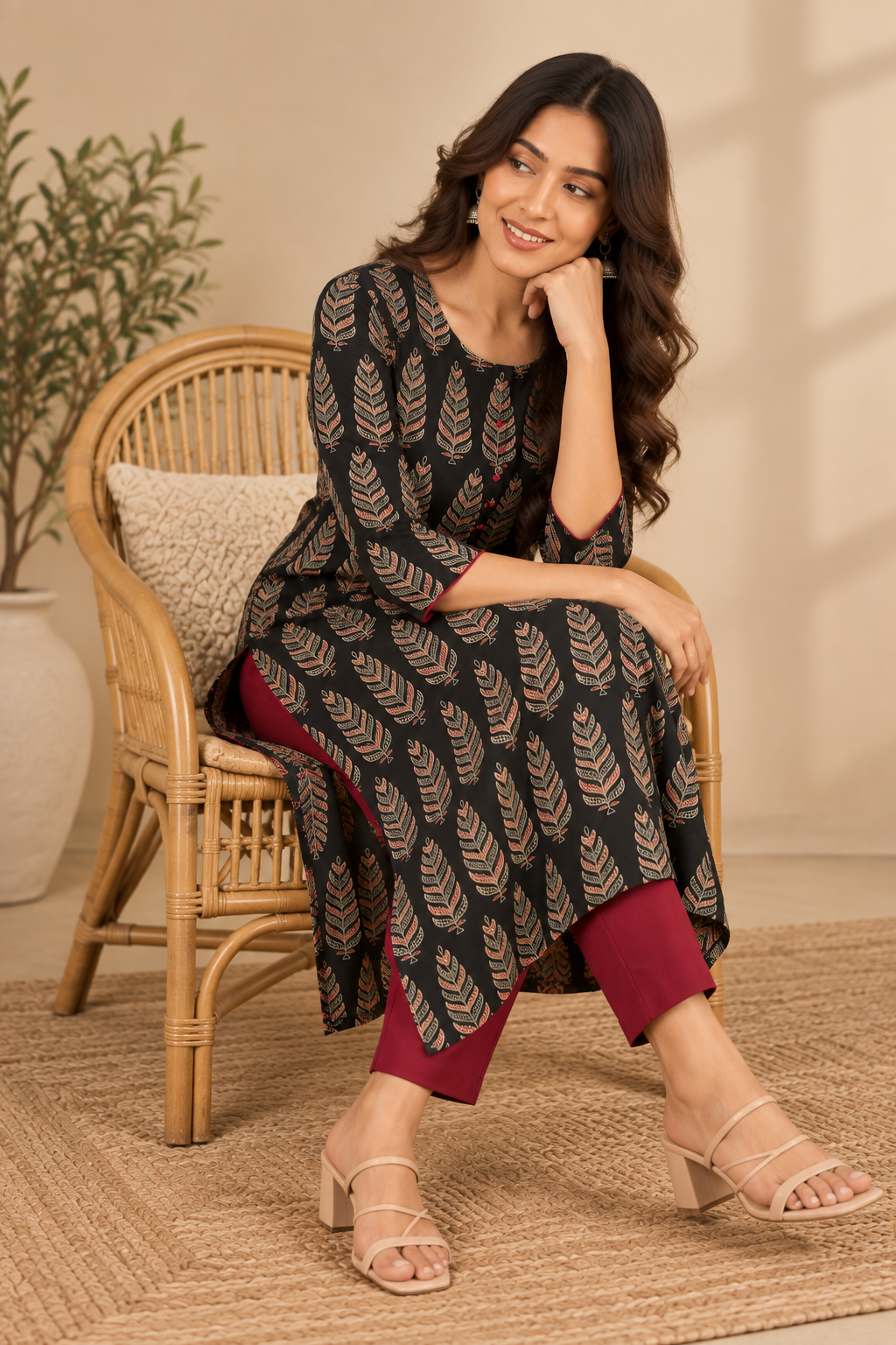 Dark Green Leaf Print Straight Kurta