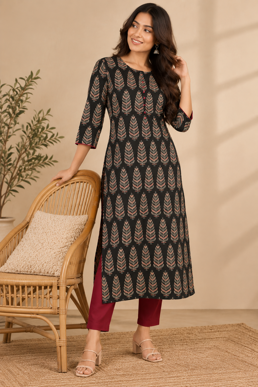 Dark Green Leaf Print Straight Kurta