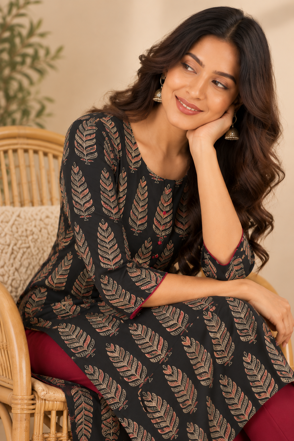 Dark Green Leaf Print Straight Kurta