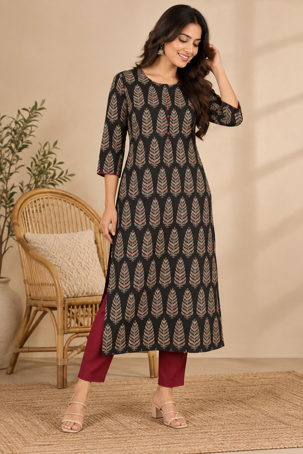 Dark Green Leaf Print Straight Kurta