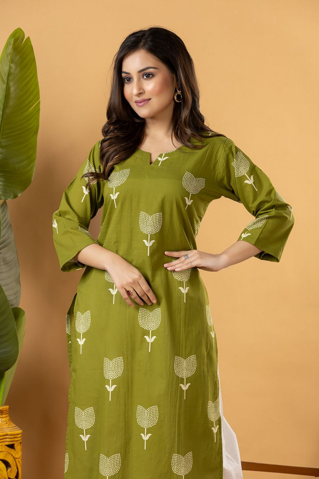 Olive Green Floral Print Kurta