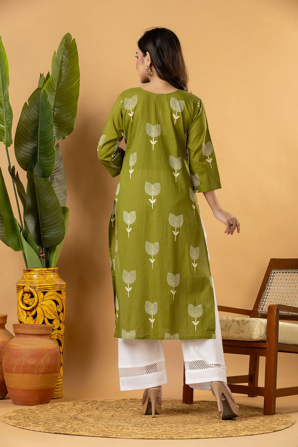 Olive Green Floral Print Kurta