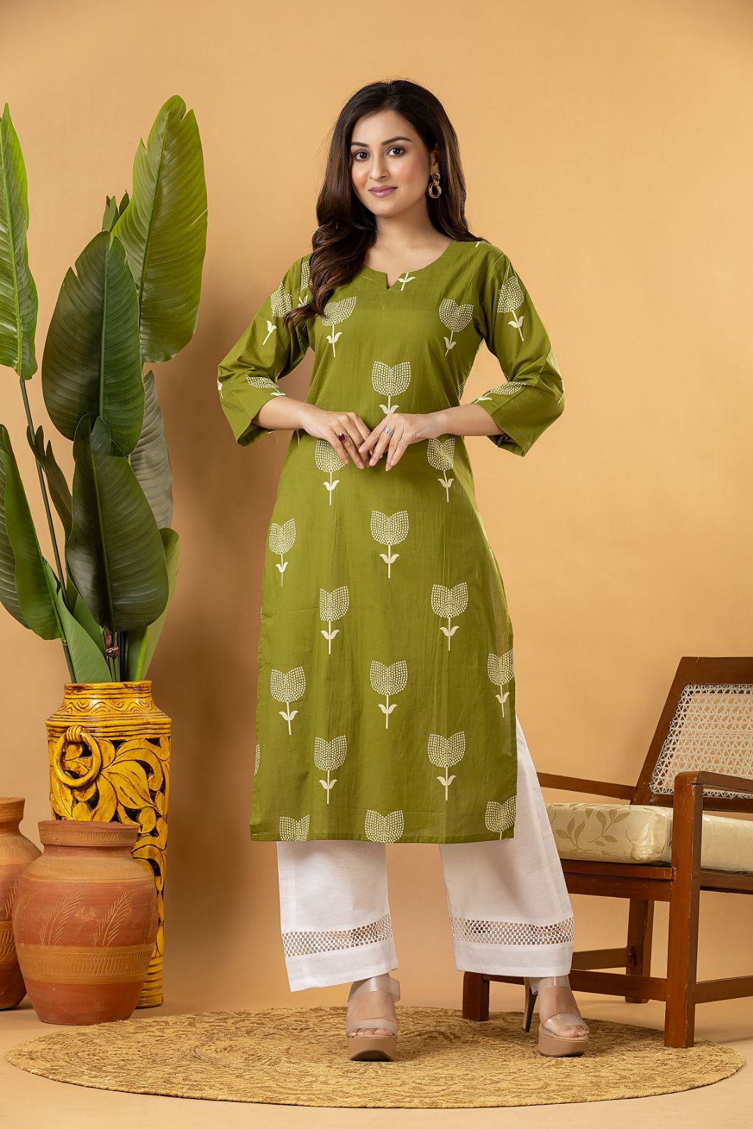 Olive Green Floral Print Kurta