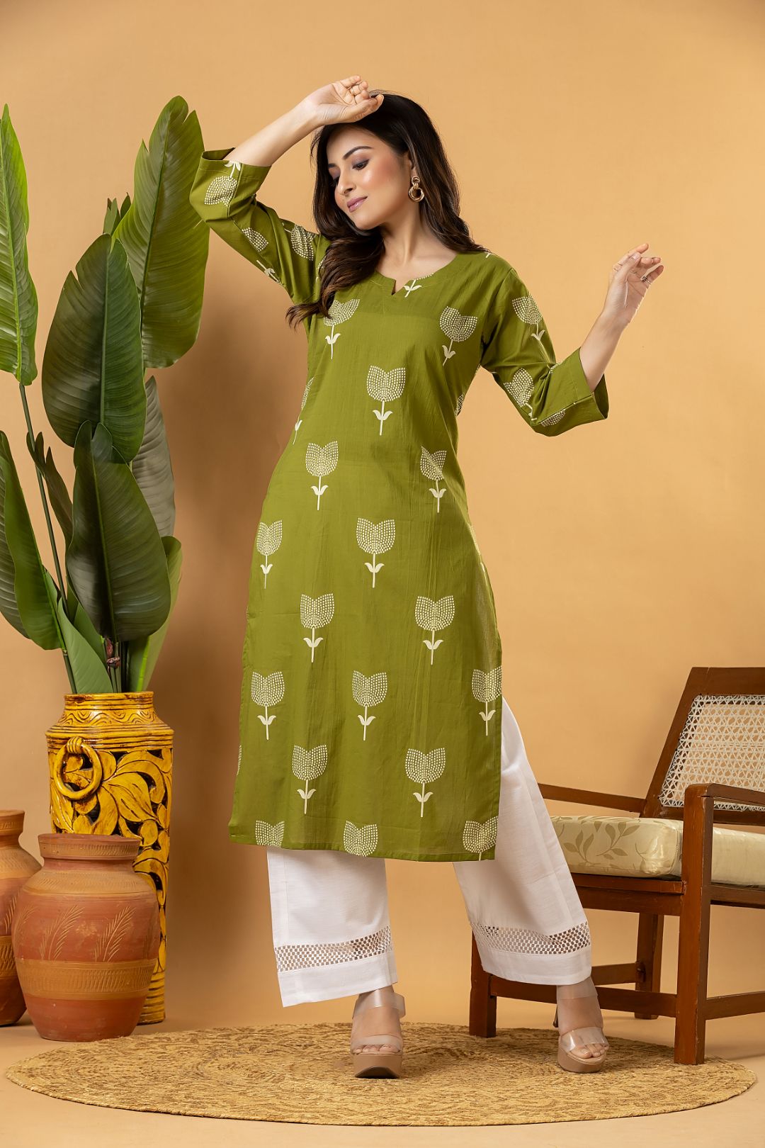 Olive Green Floral Print Kurta