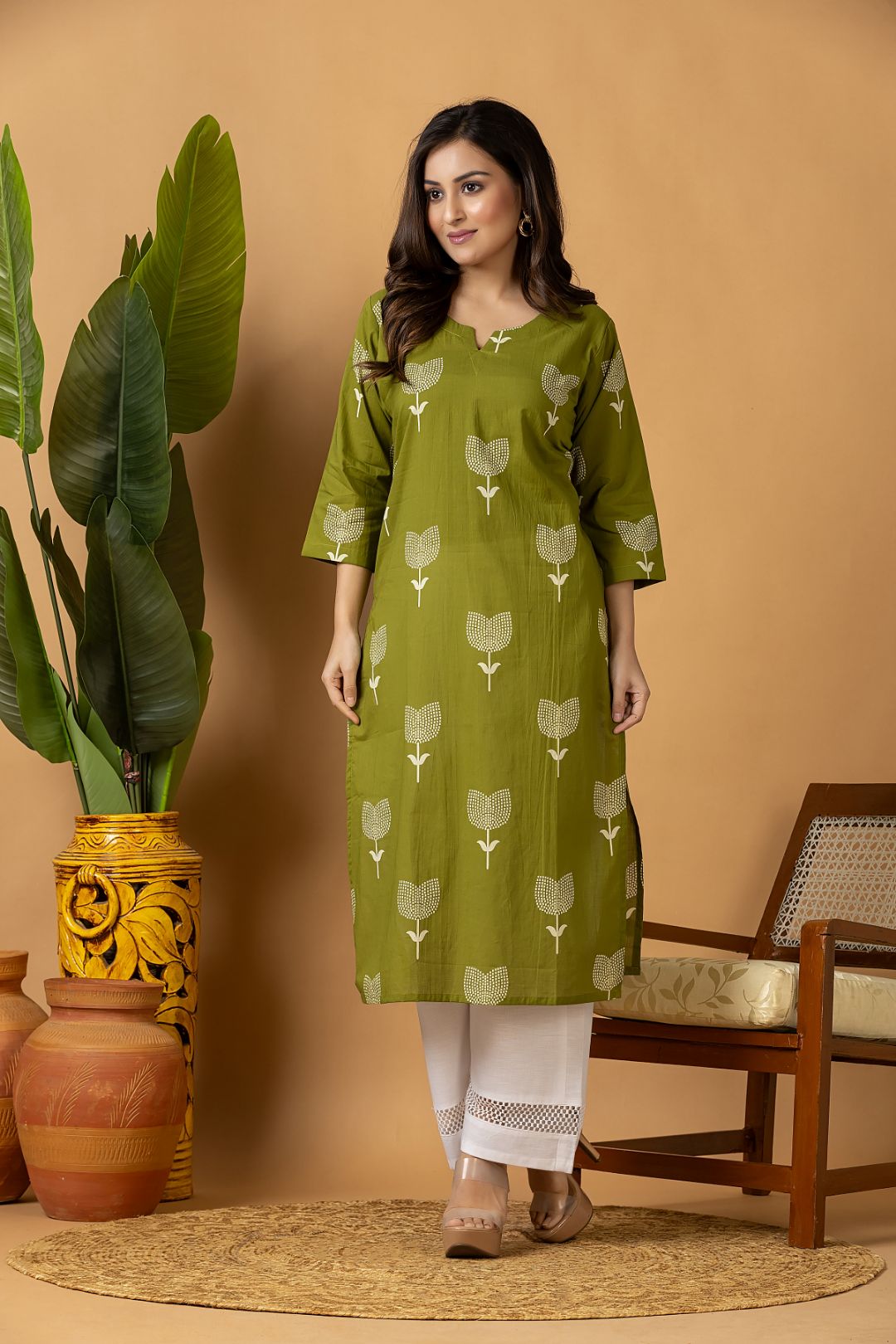 Olive Green Floral Print Kurta
