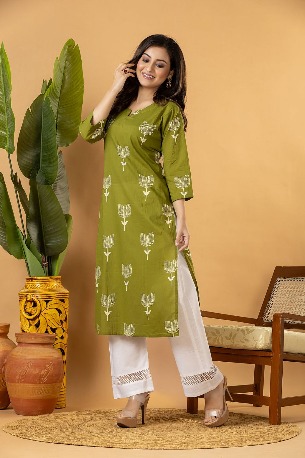 Olive Green Floral Print Kurta