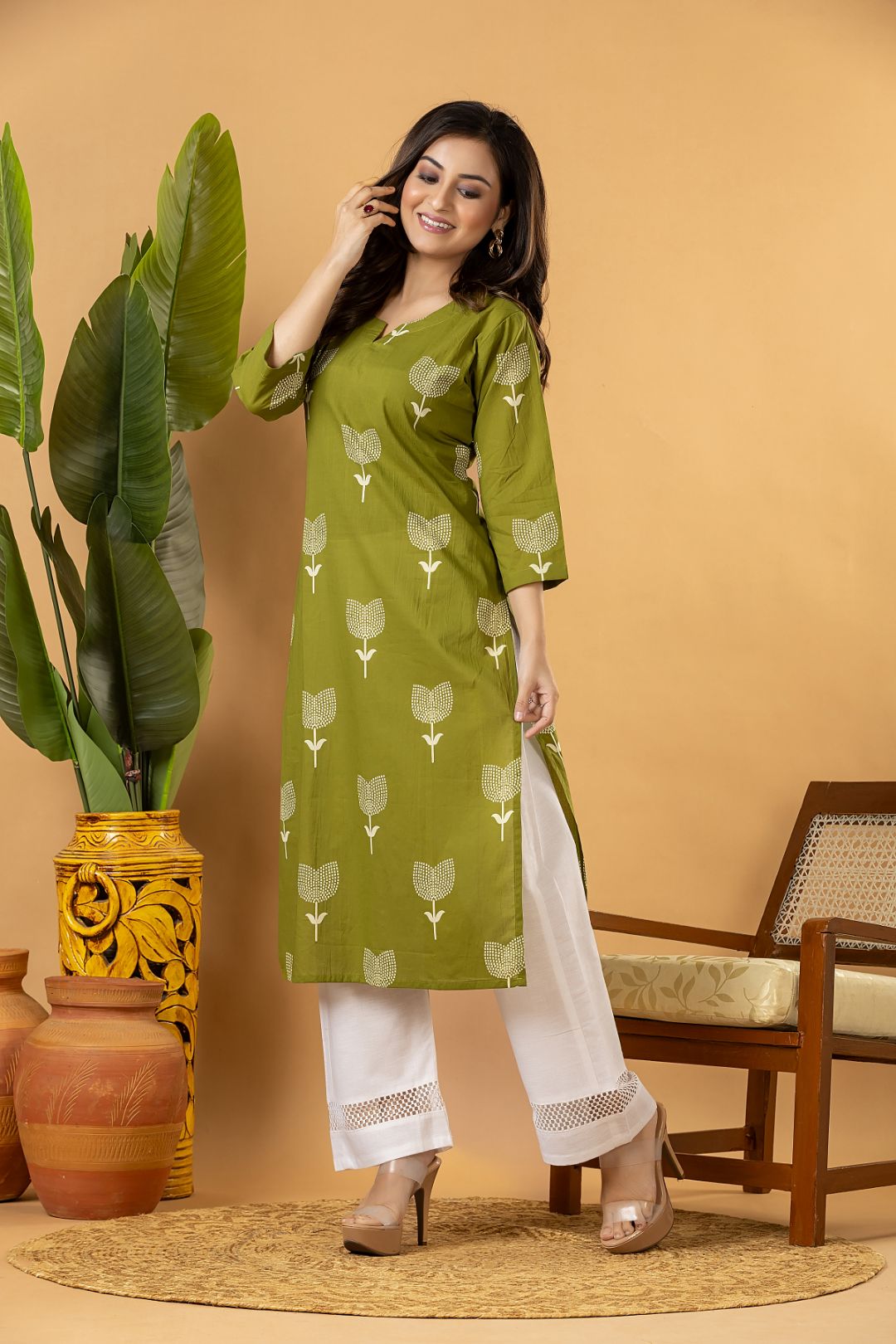 Olive Green Floral Print Kurta