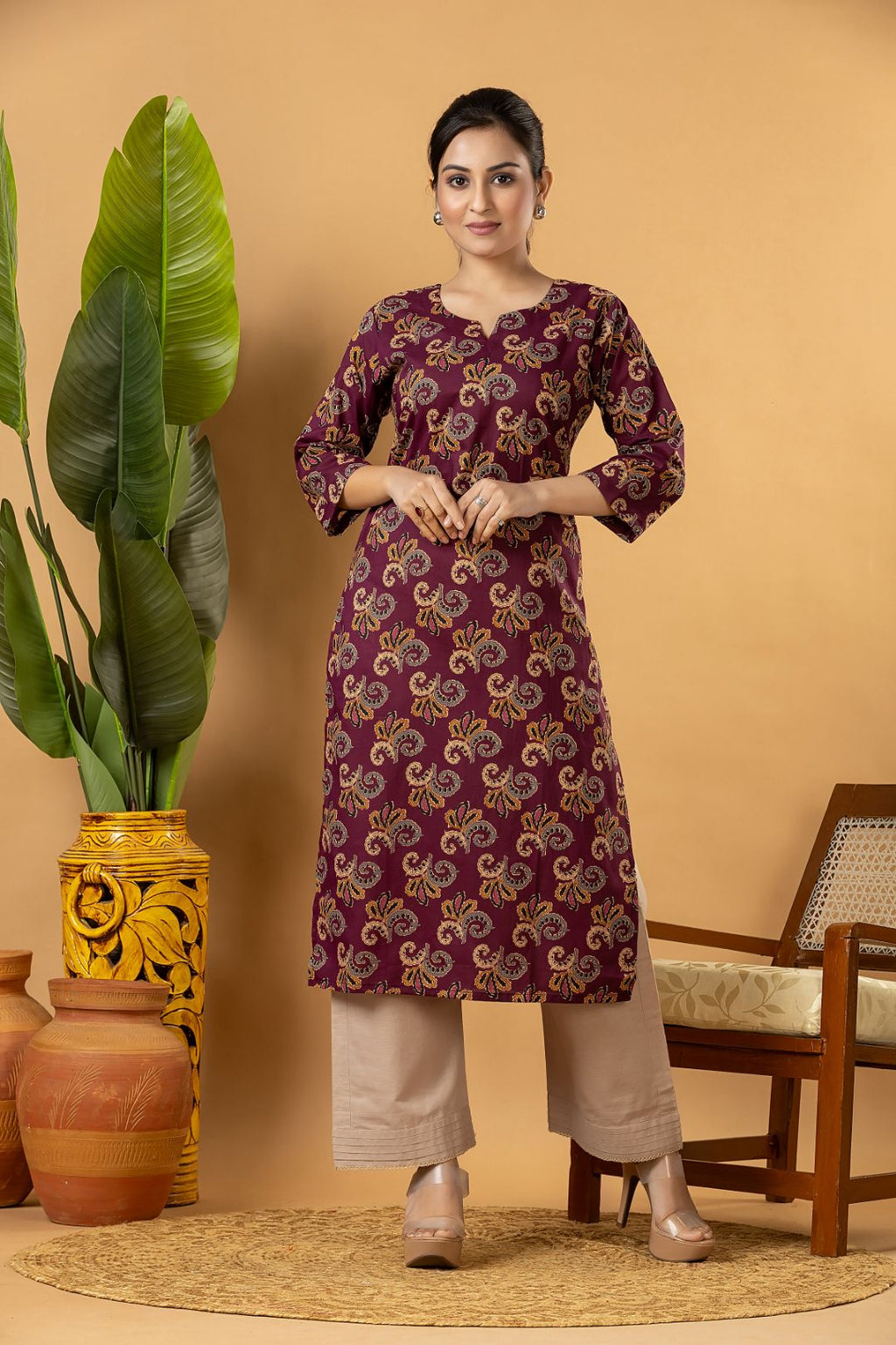Purple Leaf Print Kurta