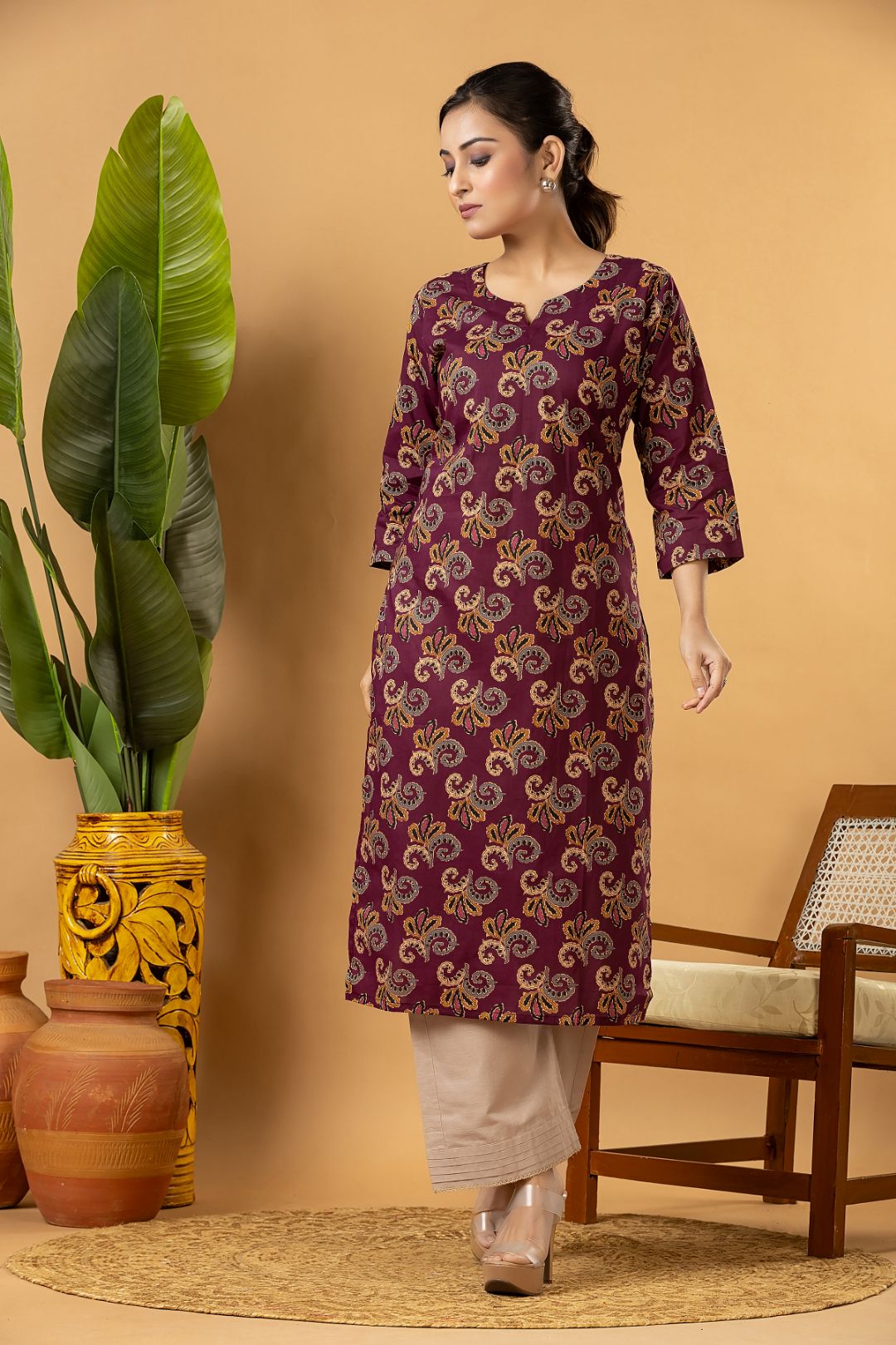 Purple Leaf Print Kurta