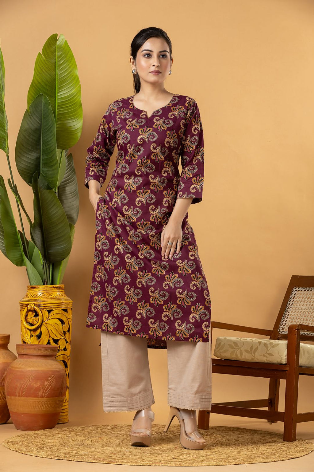 Purple Leaf Print Kurta