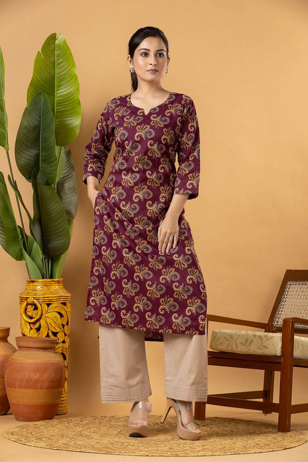 Purple Leaf Print Kurta