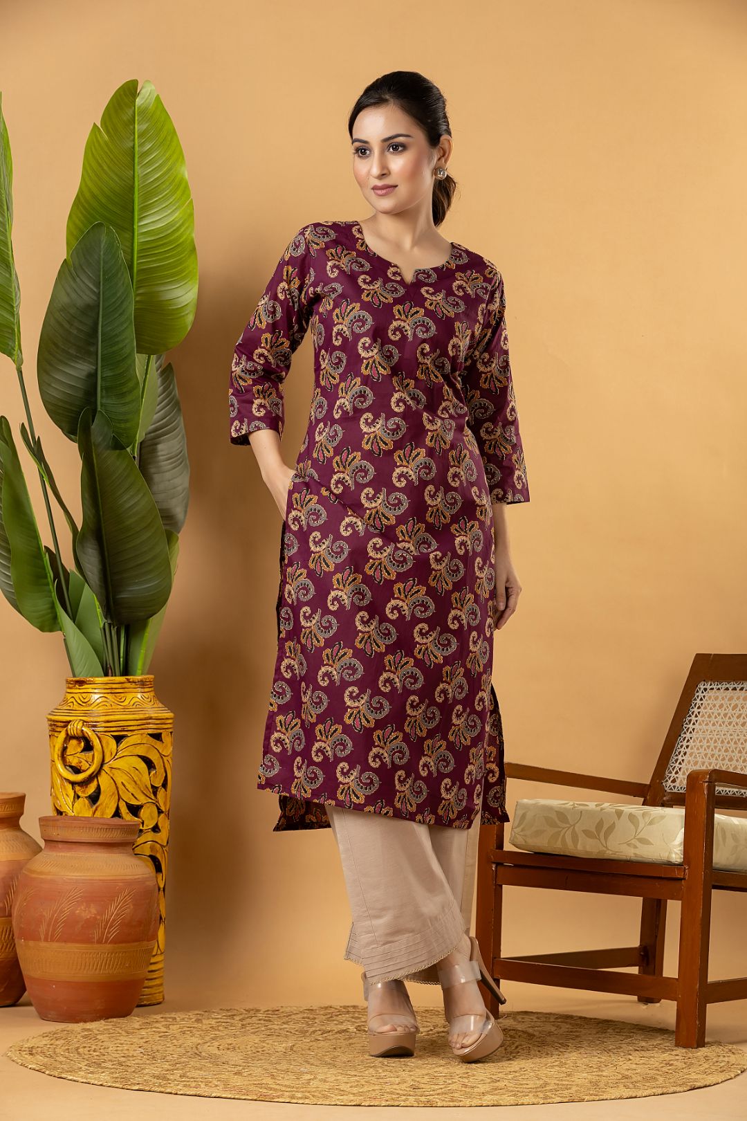 Purple Leaf Print Kurta