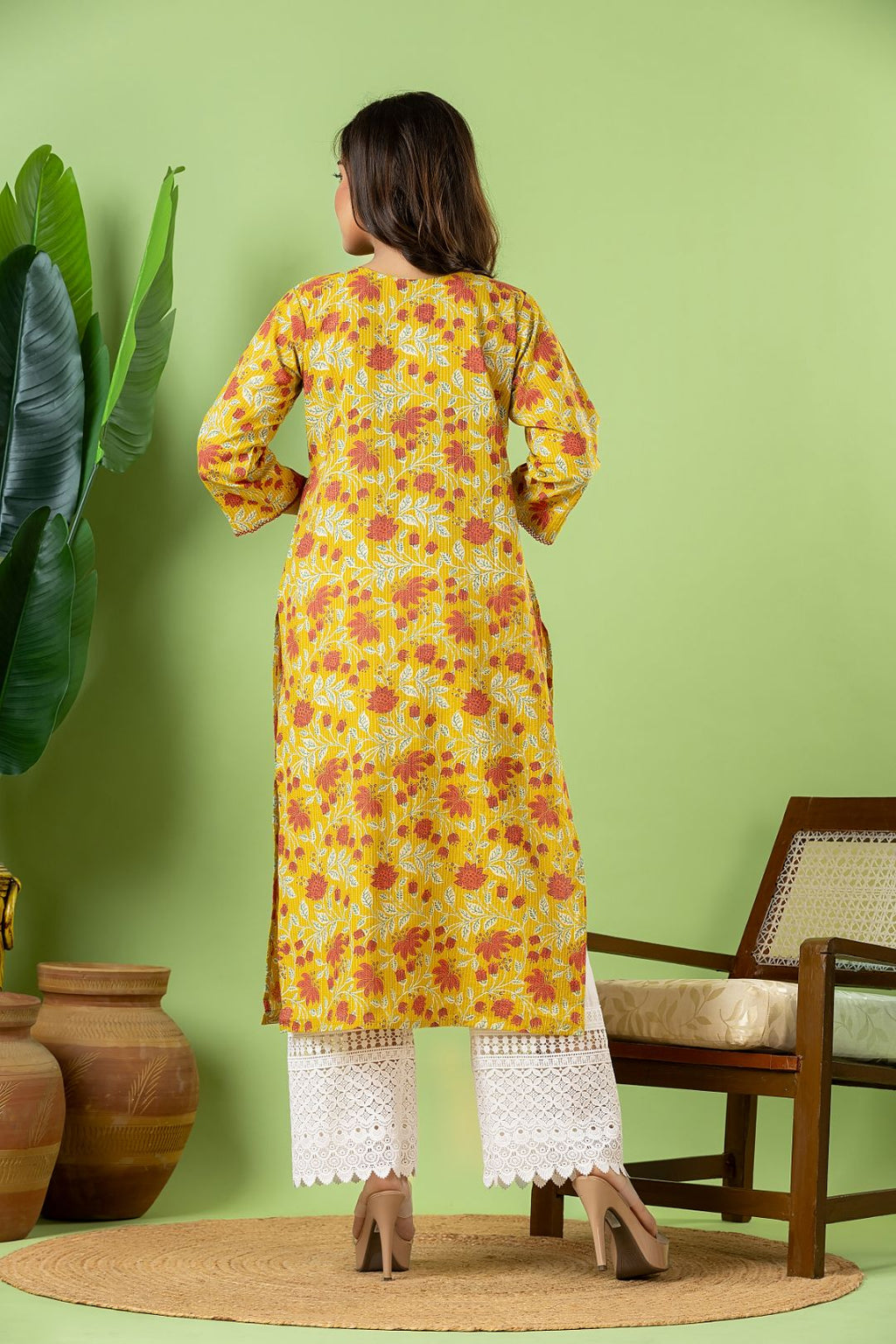 Olive Yellow Floral Print Threadwork Kurta