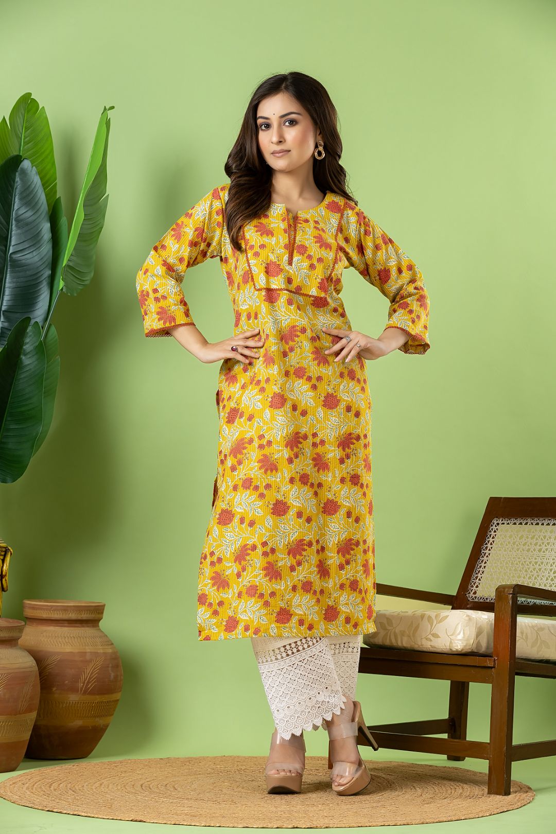 Olive Yellow Floral Print Threadwork Kurta