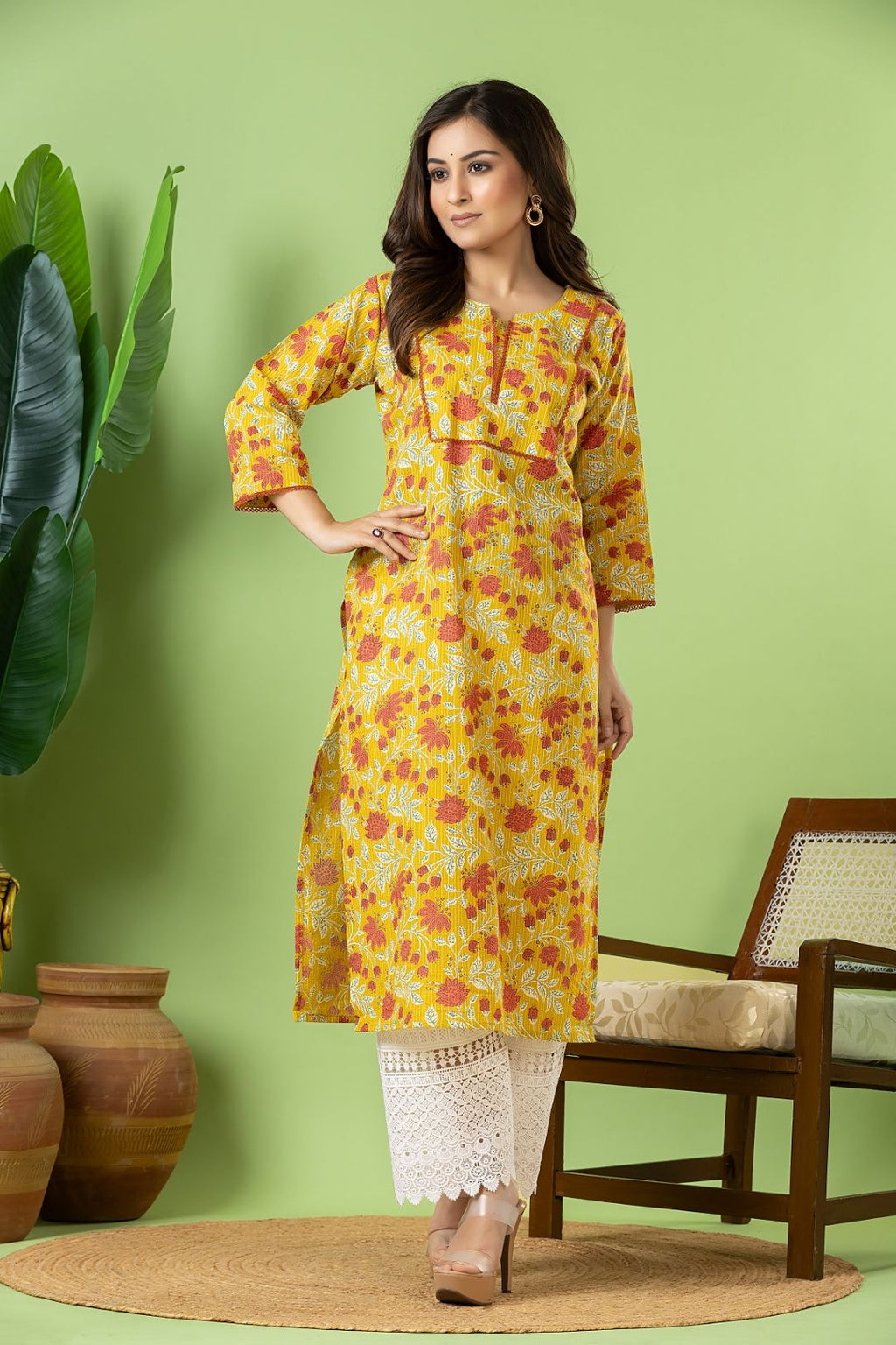 Olive Yellow Floral Print Threadwork Kurta