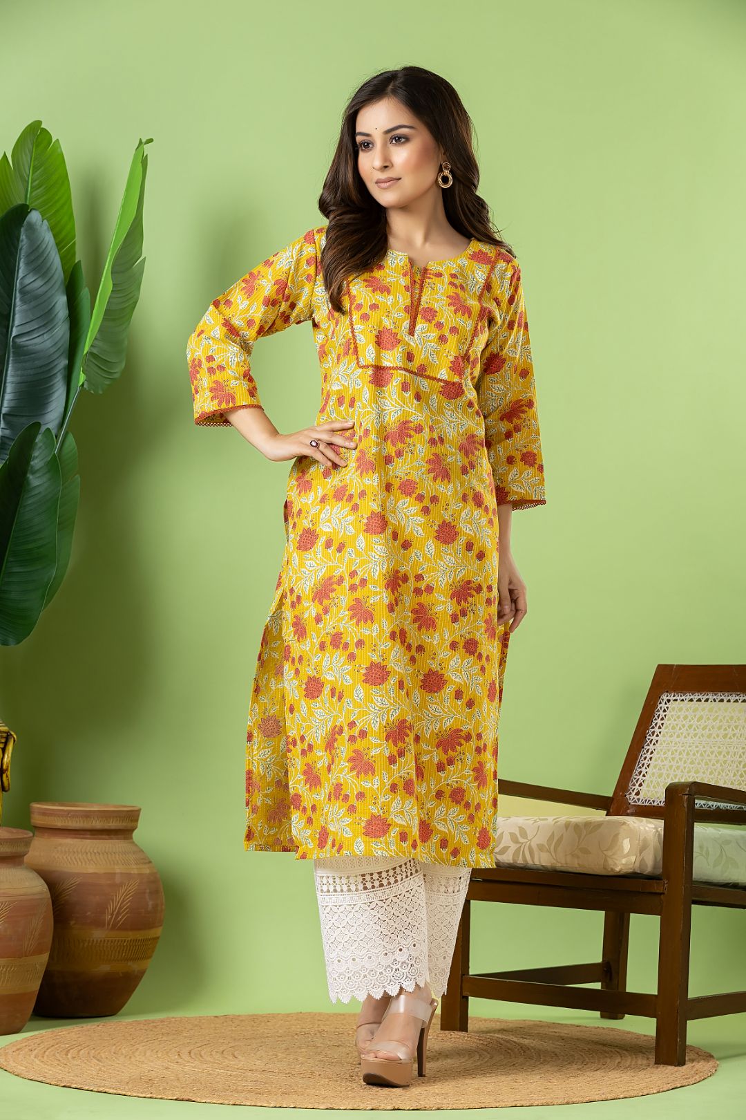 Olive Yellow Floral Print Threadwork Kurta