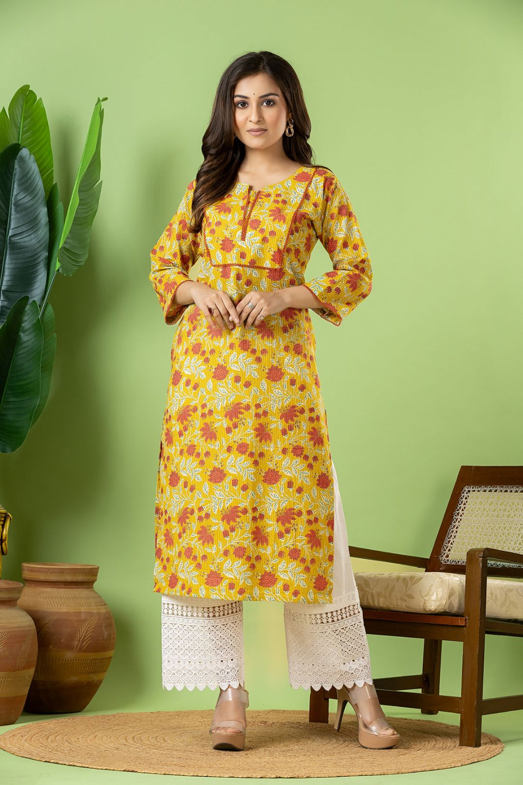 Olive Yellow Floral Print Threadwork Kurta