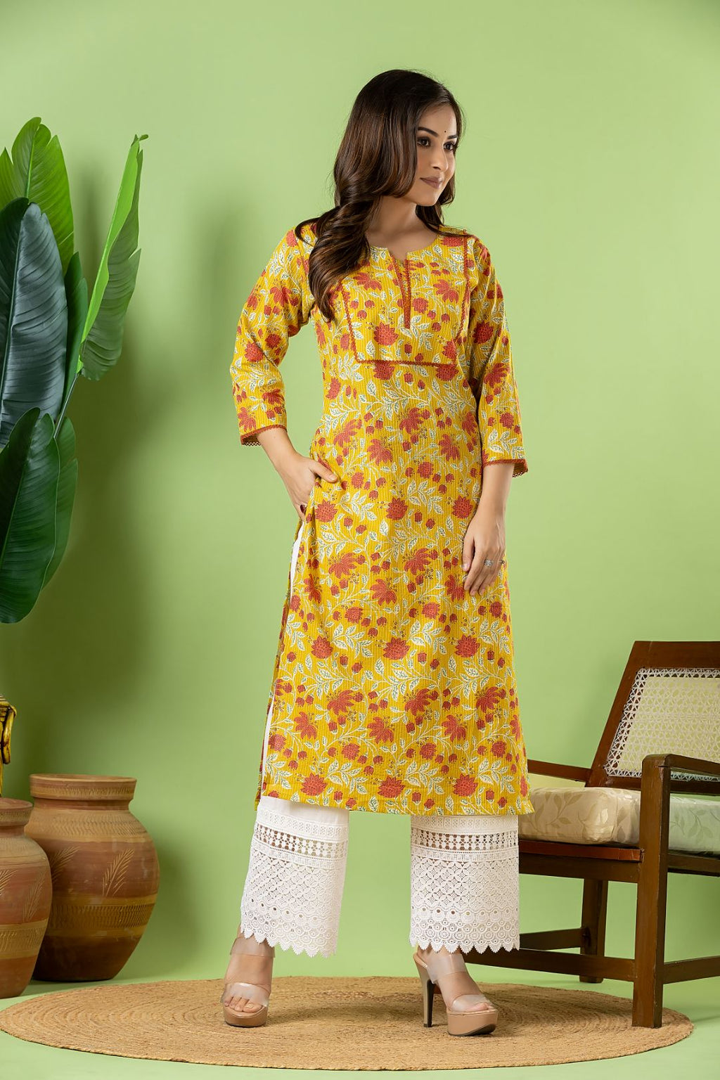 Olive Yellow Floral Print Threadwork Kurta