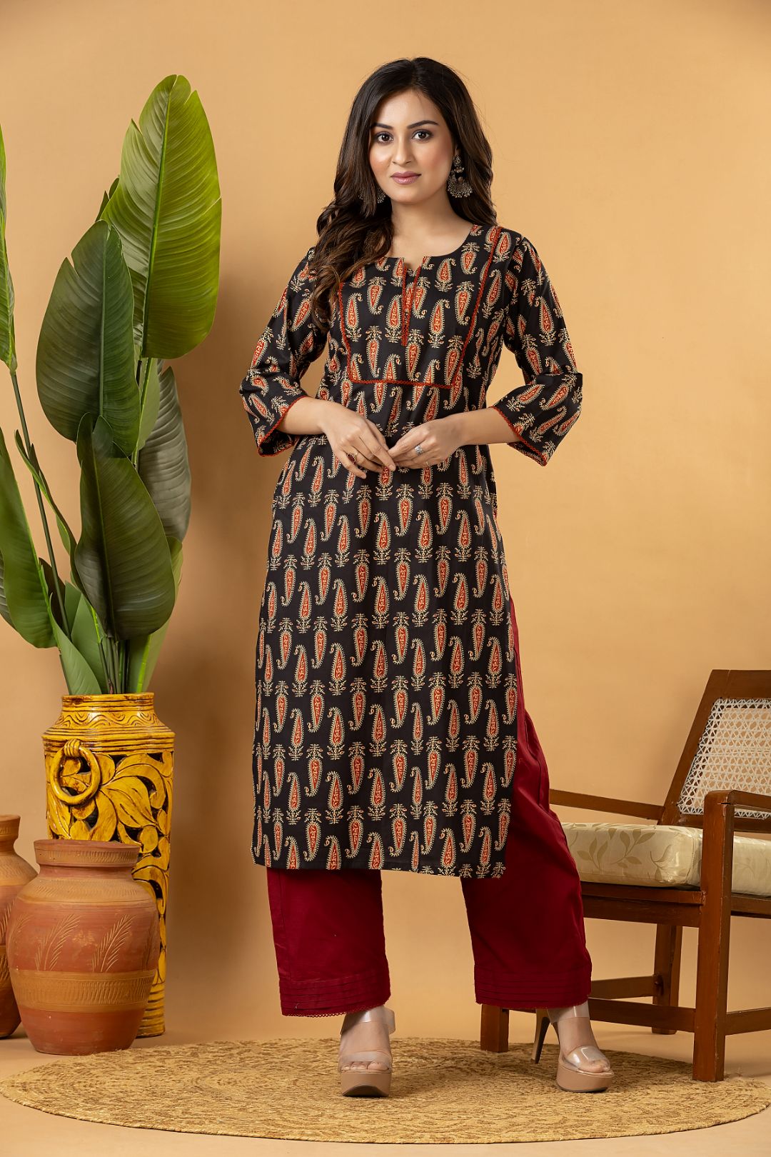 Black Paisley Print Kurta