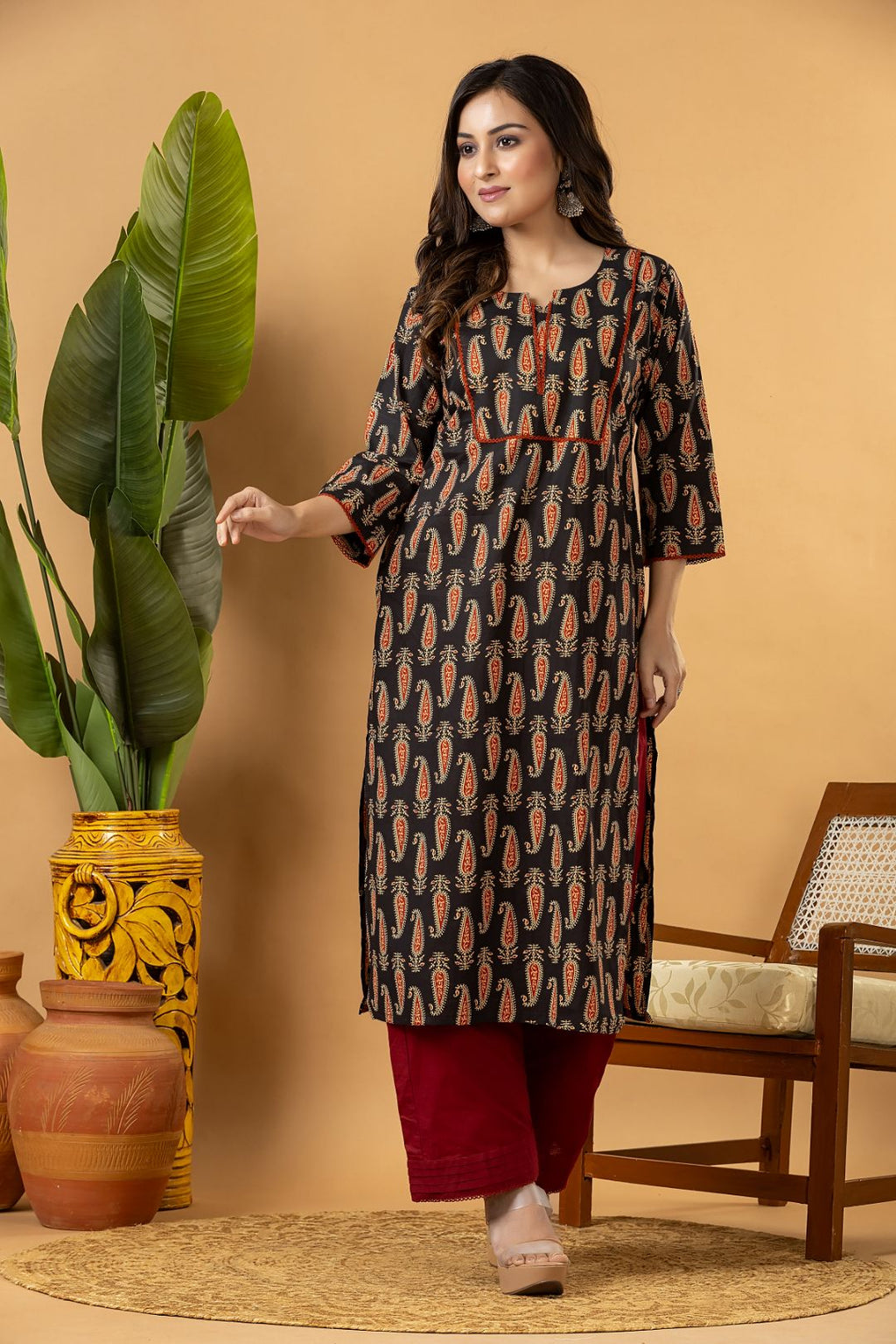 Black Paisley Print Kurta