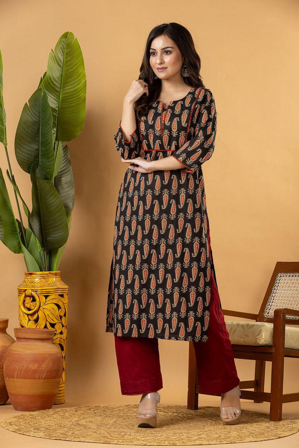 Black Paisley Print Kurta