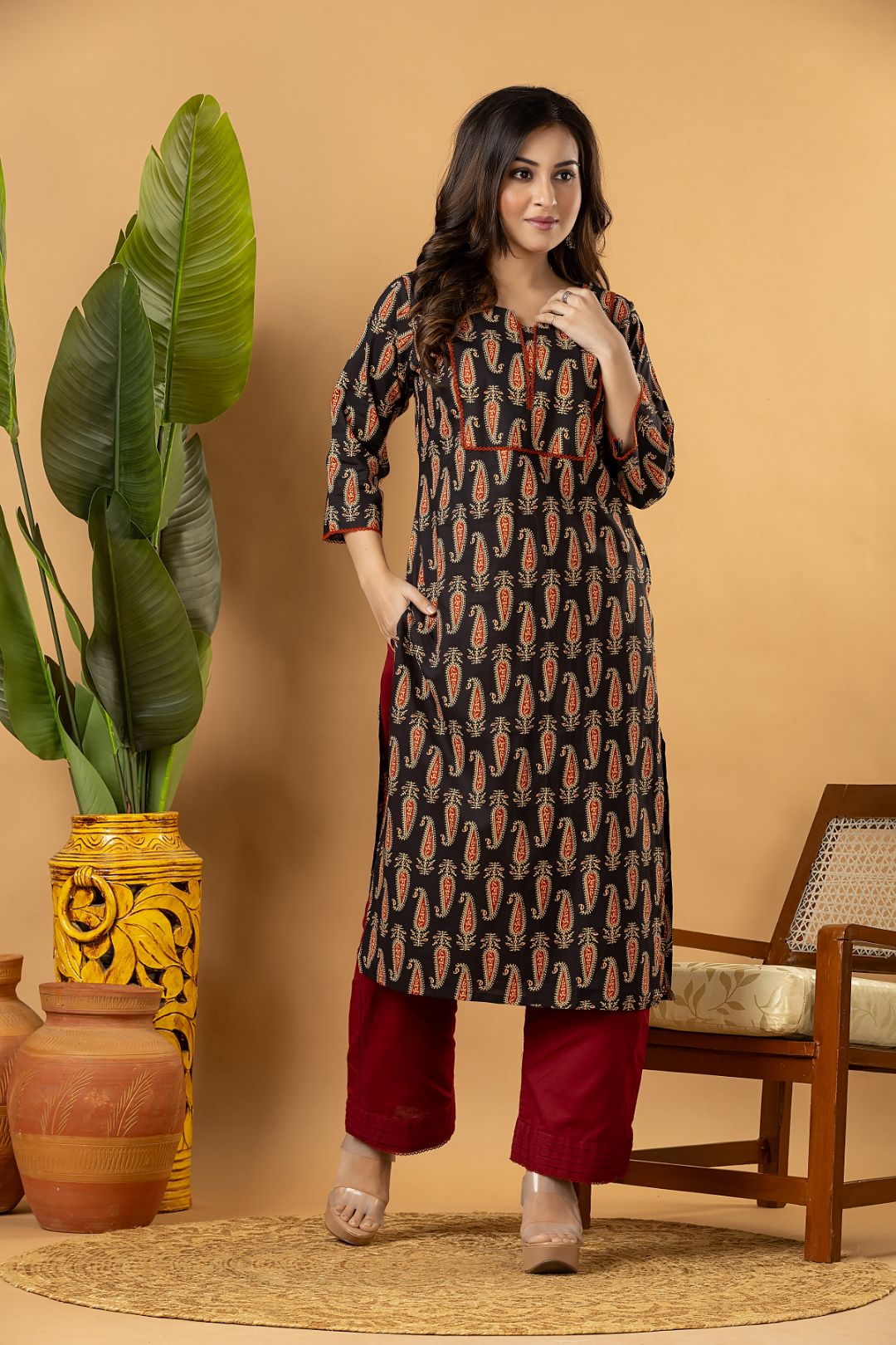 Black Paisley Print Kurta