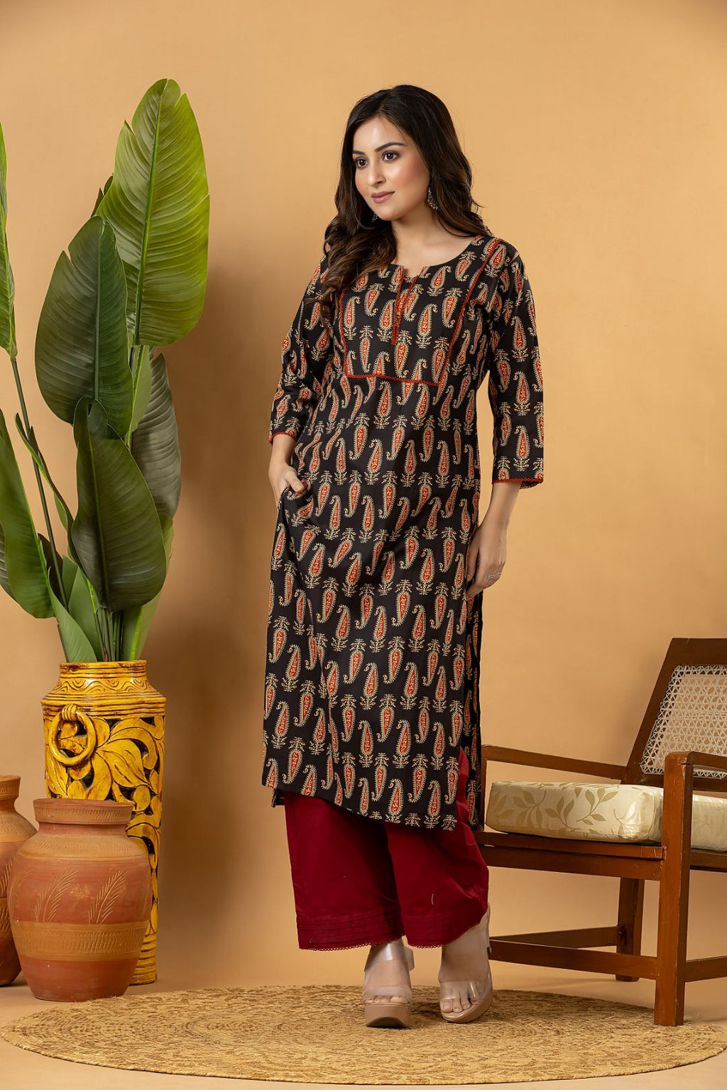 Black Paisley Print Kurta