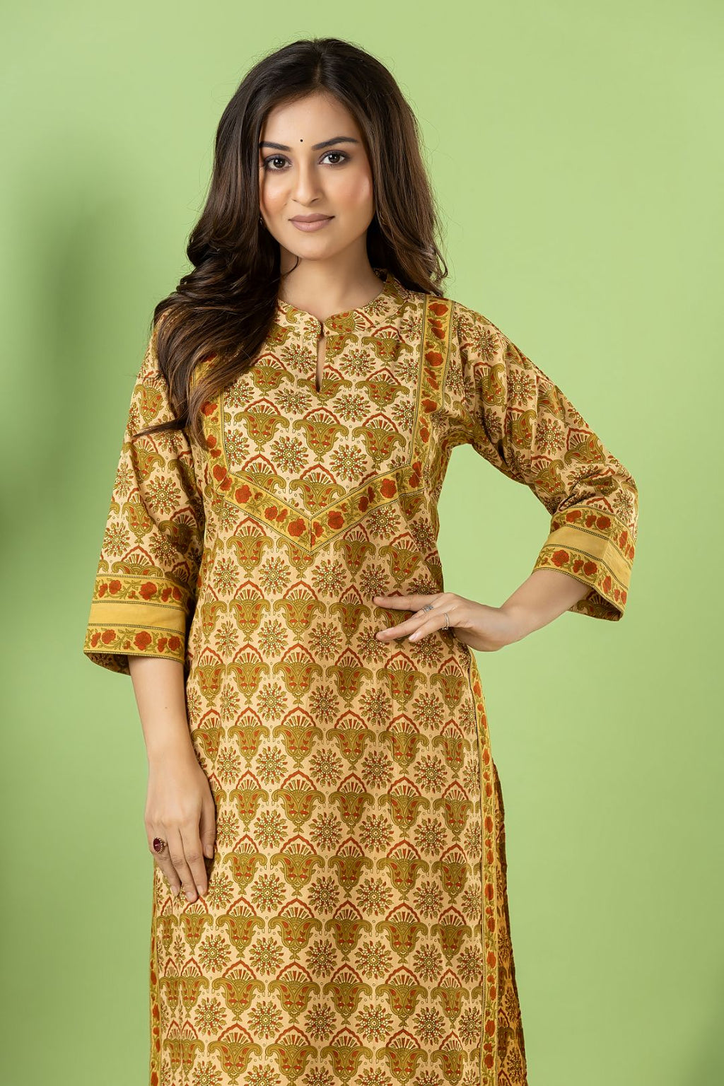 Beige, Green & Orange Geometric Print Kurta