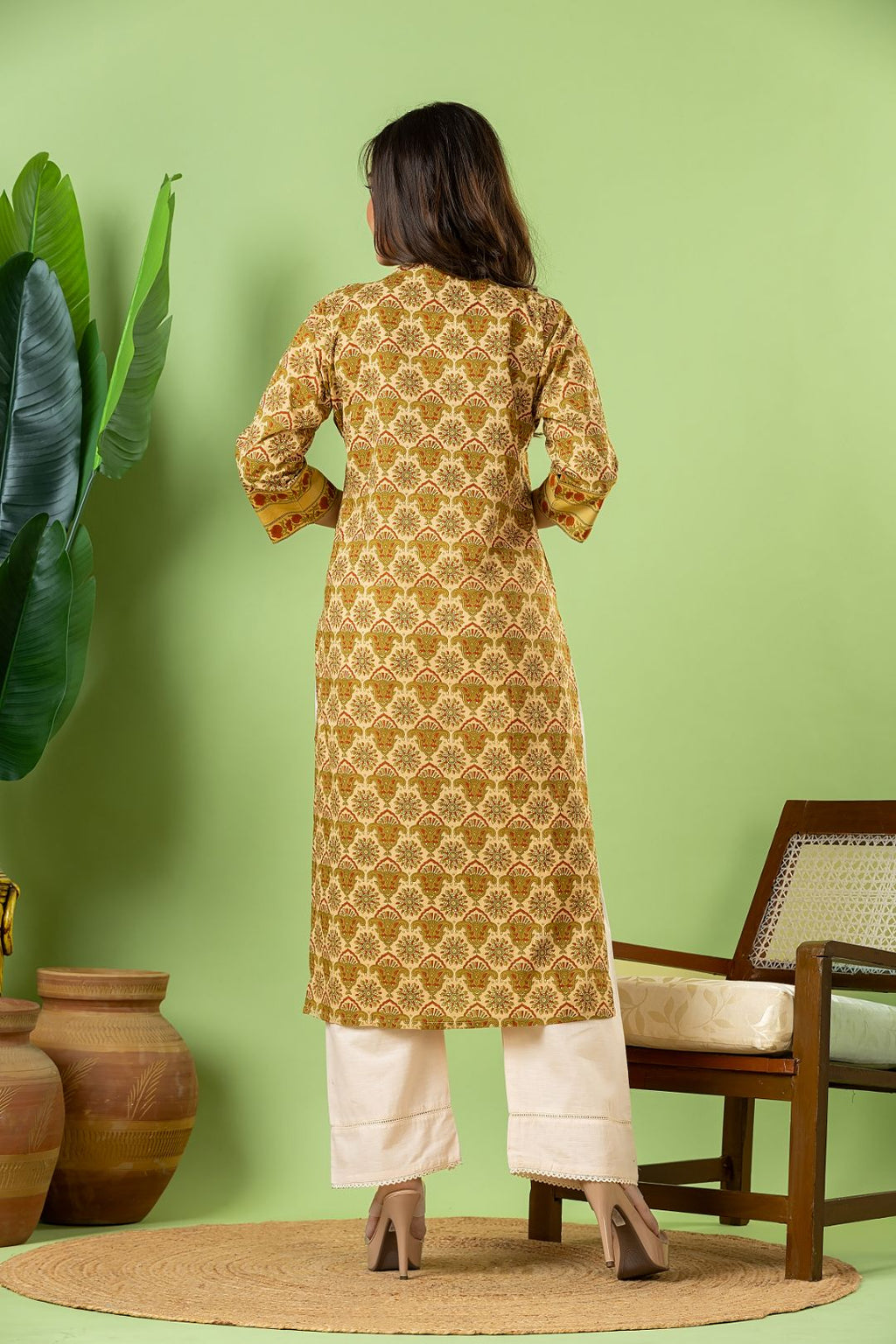 Beige, Green & Orange Geometric Print Kurta
