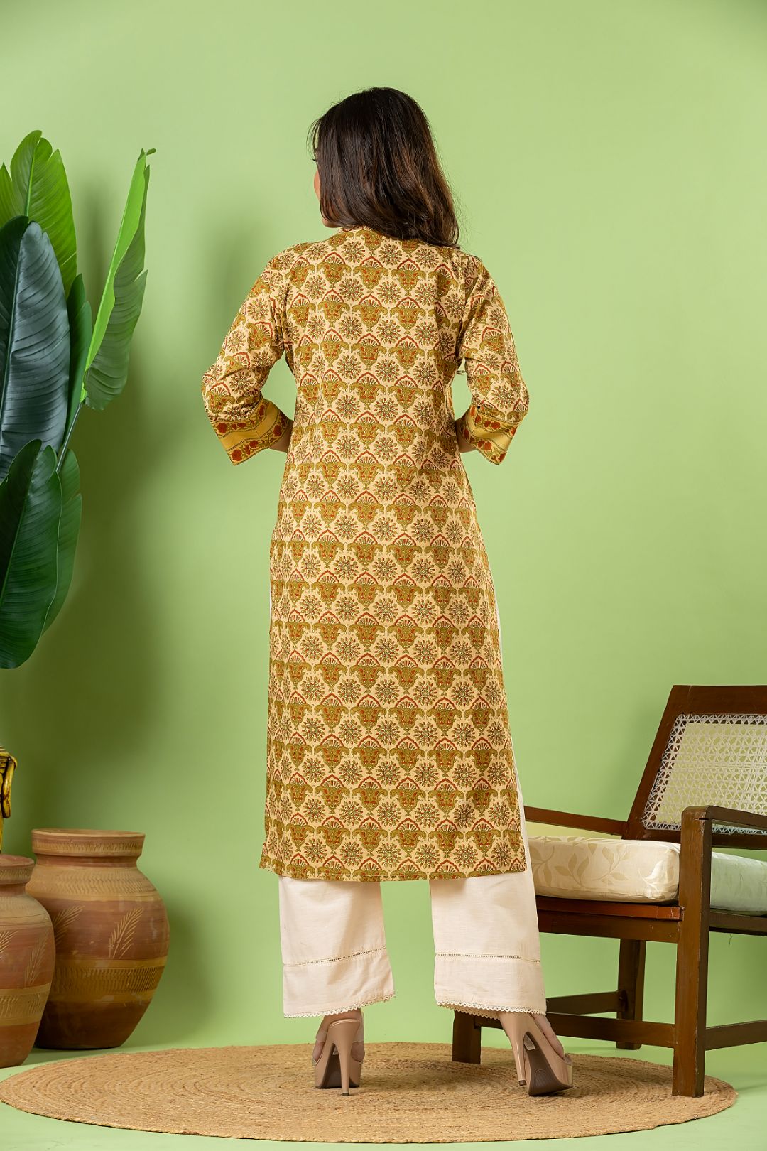 Beige, Green & Orange Geometric Print Kurta