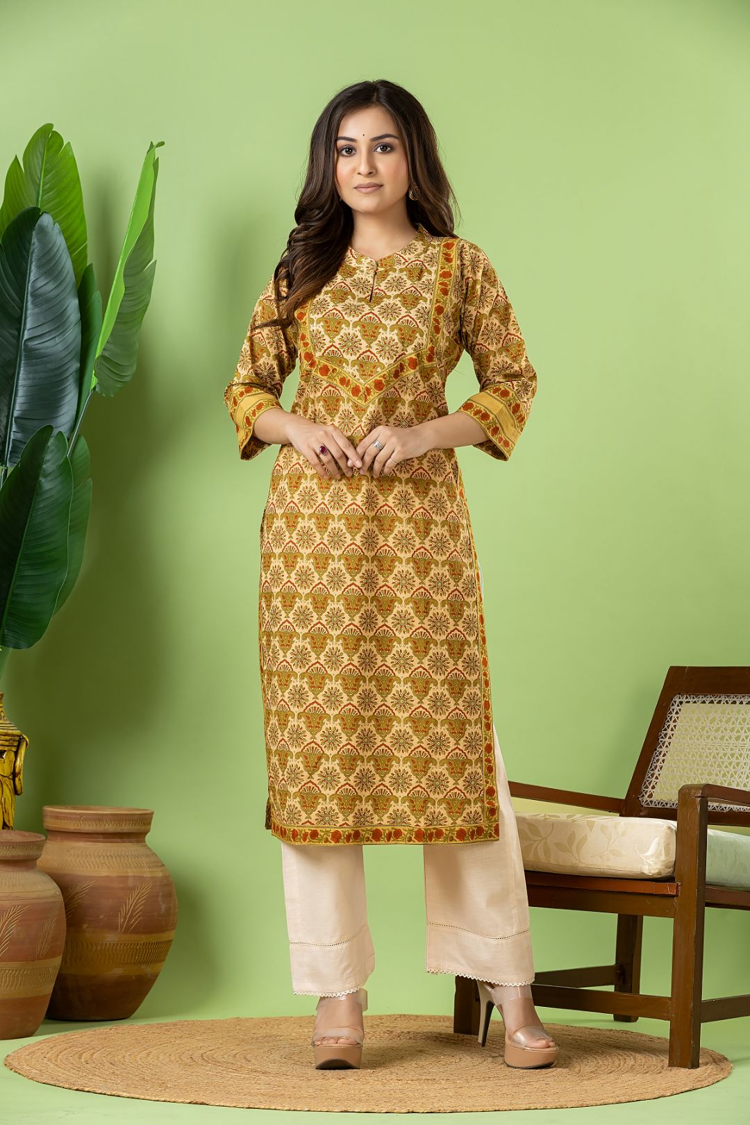 Beige, Green & Orange Geometric Print Kurta