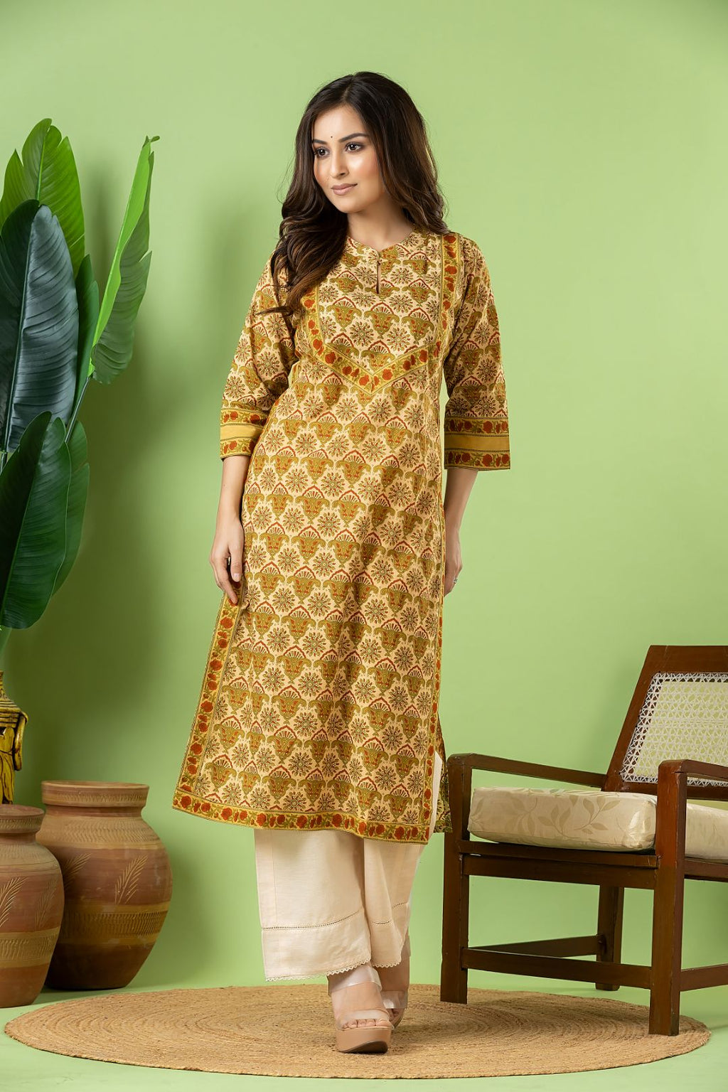 Beige, Green & Orange Geometric Print Kurta