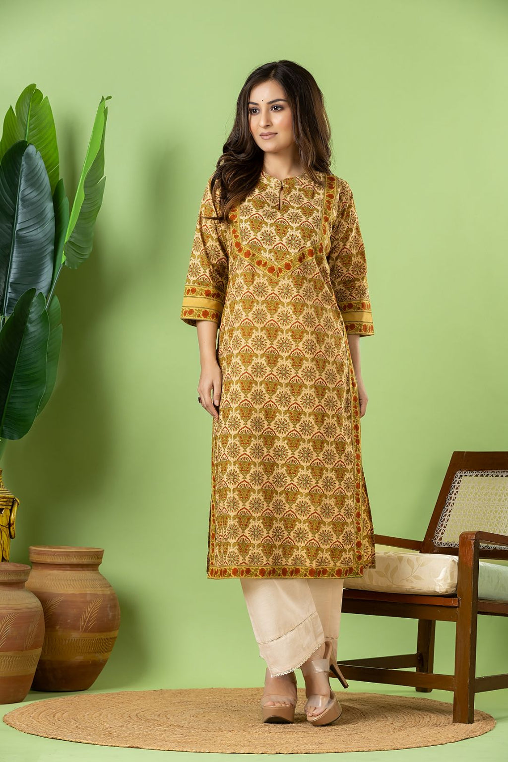 Beige, Green & Orange Geometric Print Kurta