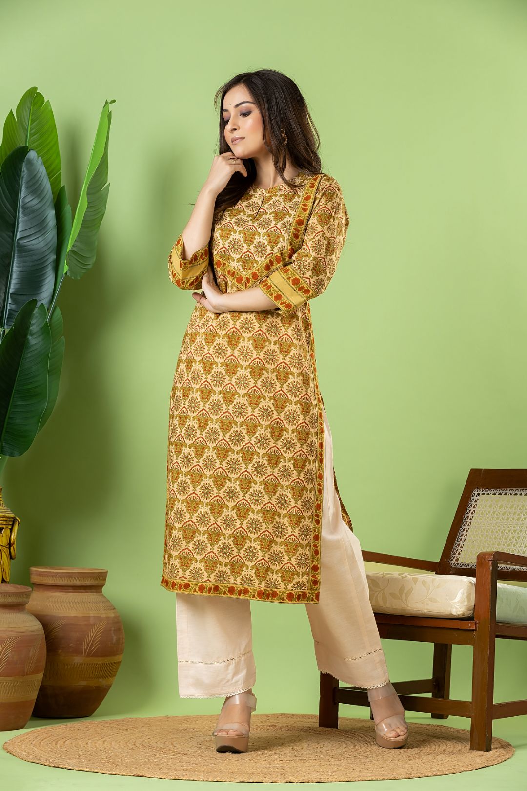 Beige, Green & Orange Geometric Print Kurta