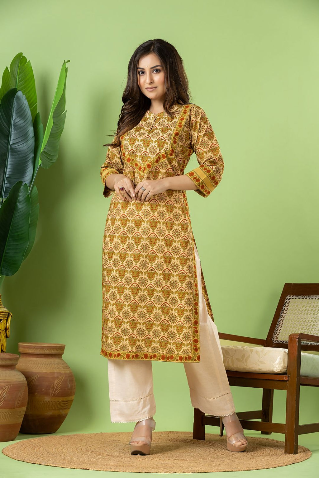 Beige, Green & Orange Geometric Print Kurta
